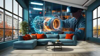 an engineer wearing virtual reality glasses is exploring a glowing virtual 3d holographic car engine  Wall mural