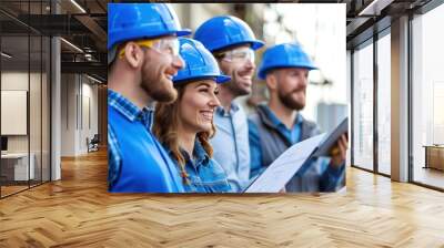 business, building, teamwork, technology and people concept - group of smiling builders in hardhats with tablet pc computer and blueprint outdoors Wall mural