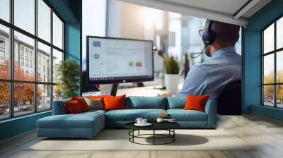 businessman working on computer wearing headset in office Wall mural