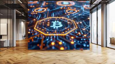 Digital tokens and blockchain technology represented conceptually. Wall mural