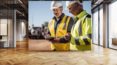 Extreme long shot of 2 confident construction workers looking at an iPad on a busy outdoor construction site on a summer day Wall mural