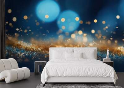 Festive celebration holiday christmas, new year, new year's eve banner template illustration - Abstract gold bokeh lights on dark blue background texture, de-focused Wall mural