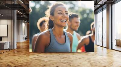 Group of multiethnic mature people stretching arms outdoor. Middle aged yoga class doing breathing exercise at park. Beautifil women and fit men doing breath exercise together with outstretched arms.
 Wall mural