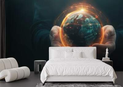 Hands holding a globe with a glowing shield around it, symbolizing protection and risk management. Wall mural