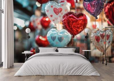 Heart balloons decorated with messages of love and friendship for Valentine's Day. Wall mural