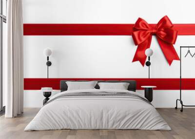 Shiny red satin ribbon on white background. Vector red bow and ribbon. Christmas gift, valentines day, birthday wrapping element
 Wall mural