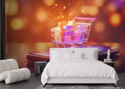 Shopping card and full of shopping bag on smart phone  Wall mural