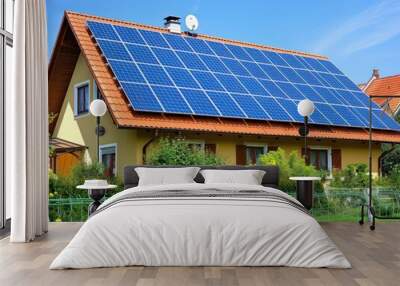 solar panel on pitched roof only, clear blue sky  Wall mural