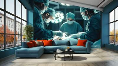 Surgical team performing open-heart surgery in a modern operating room. Wall mural