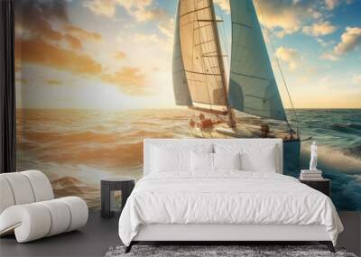 Yacht sailing the sea with sunset view  Wall mural