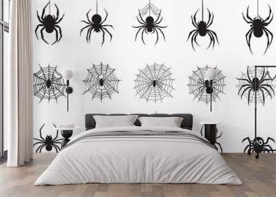 Collection of Halloween Spider Hanging From Their Web, clean simple black Wall mural