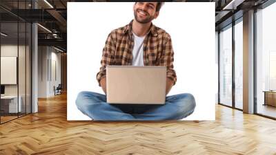 A man is sitting cross-legged on floor with a laptop on his lap , on transparency background PNG Wall mural