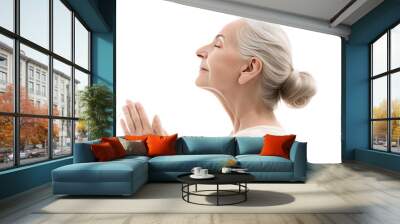 Beautiful senior woman with clean fresh face skin and hand care gesture side view isolate on transparency background Wall mural