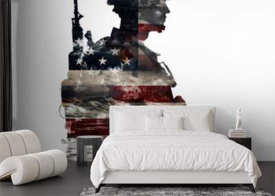 Double exposure person solider in the style of US Flag, silhouettes, on transparency background PNG Wall mural