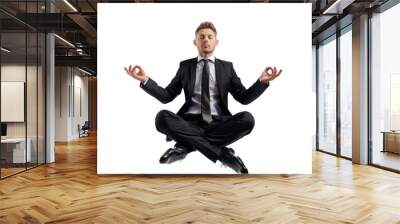 floated businessman doing yoga in the air, isolate on transparency background PNG Wall mural