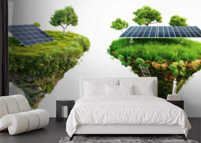 floated green grass island with solar panel in the air isolate on transparency background PNG Wall mural