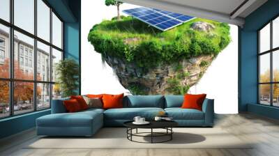 floated green grass island with solar panel in the air isolate on transparency background PNG Wall mural