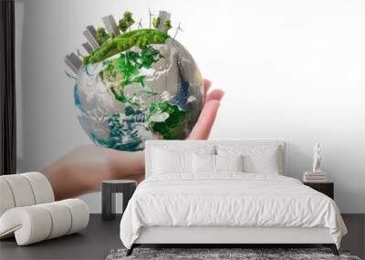 hand holding global earth with green plant and building, sustainability development, on transparency background PNG Wall mural