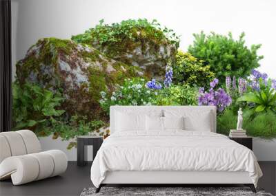 Cutout rock surrounded by flowers. Garden design isolated on transparent background. Flowering shrub and green plants for landscaping. Decorative shrub and flower bed Wall mural