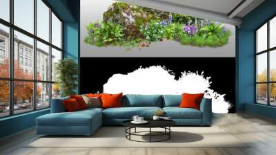 Cutout rock surrounded by flowers.
Garden design isolated on transparent background via an alpha channel. Flowering shrub and green plants for landscaping. Decorative shrub and flower bed. Wall mural