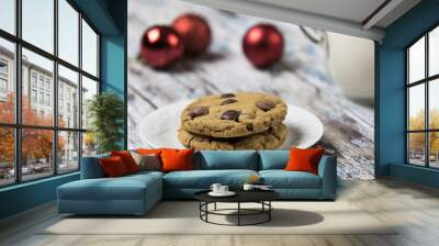 Cookies and Milk for Santa / Cookies and milk with Christmas decoration on a wooden background Wall mural