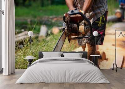 Logger use chainsaw for cutting log Wall mural