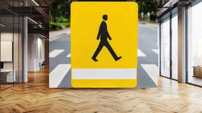 A bright yellow pedestrian crossing sign indicating a safe walking area for pedestrians on a city street. Wall mural