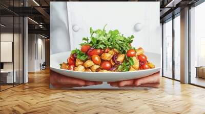 A chef presenting a fresh vegetable dish, emphasizing vibrant colors and healthy ingredients for culinary inspiration. Wall mural