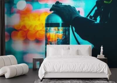 A close-up of a diver holding a glowing oxygen tank against a vibrant, blurred background, showcasing a blend of colors and lights. Wall mural