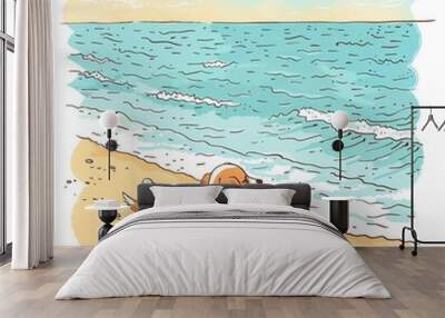 A cute puppy stands on a sandy beach, gazing out at the ocean waves. Wall mural