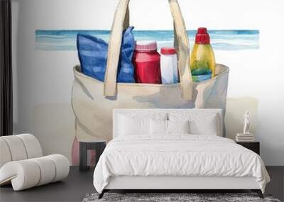 Beach bag with various items, painted style, white isolated background. Wall mural