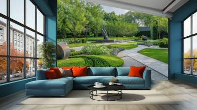 Beautiful landscaped garden with lush greenery, winding pathways, and modern sculptures on a sunny day. Ideal for outdoor relaxation. Wall mural