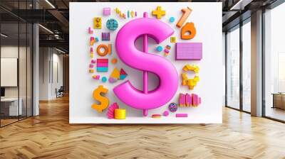 Colorful dollar sign surrounded by geometric shapes on white background. Wall mural