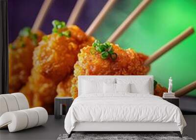 Delicious and crispy chicken skewers garnished with green onions, perfect for appetizers or party snacks. Wall mural