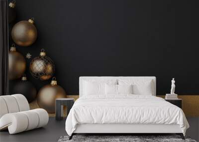 Elegant black and gold Christmas ornaments arranged on a dark background, perfect for festive designs or holiday greetings. Wall mural