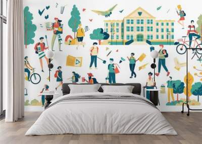 Illustration of students engaging in various campus activities like studying, cycling, and socializing with a university building in the background. Wall mural