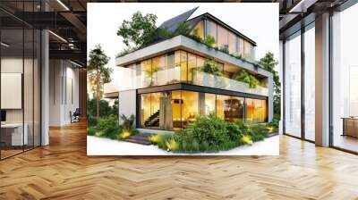 Modern, eco-friendly three-story house with large windows, surrounded by greenery and equipped with solar panels. Wall mural