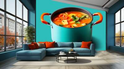 Vibrant pot of delicious vegetable soup with fresh herbs, perfect for showcasing cooking and healthy eating. Wall mural