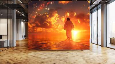 Artistic painting of rear view of Jesus Christ walking on the water at the sea Wall mural