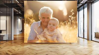 Grandmother and her grandchild at sunset Wall mural