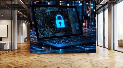 A laptop displaying a digital lock symbol, representing cybersecurity and data protection. Wall mural