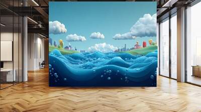 Cartoon city landscape with lush green hills and blue sky with white clouds, seen from below the water with blue waves and air bubbles. Wall mural