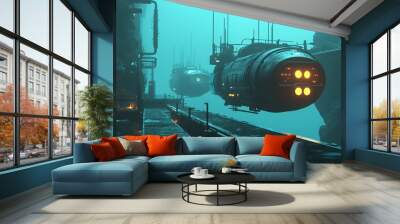 Futuristic underwater docking station with two sci-fi submarines. Wall mural