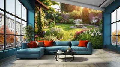 A beautiful backyard with a wooden pergola, lush greenery, a stone path, two white chairs, and a table with a vase of flowers. Wall mural