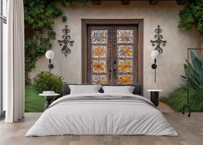 A beautifully designed entrance featuring ornate wooden doors and lush greenery. Wall mural