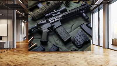 A black AR-15 style rifle with a scope, resting on a green tactical backpack with two magazines, and a few bullets. Wall mural