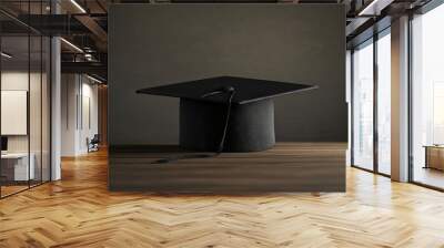 A black graduation cap sits on a wooden surface against a dark background. Wall mural