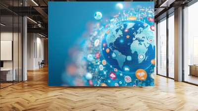 A blue globe with glowing icons and symbols surrounding it on a blue background, representing a global network and digital connections. Wall mural