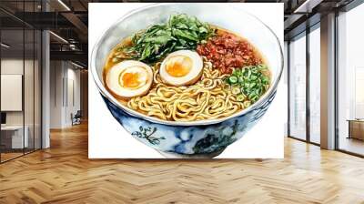 A bowl of ramen with eggs, greens, and meat, showcasing a delicious meal. Wall mural