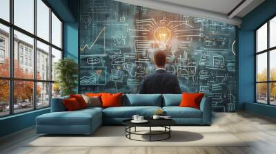 A businessman stands in front of a chalkboard covered in drawings, looking at a light bulb representing a new idea. Wall mural